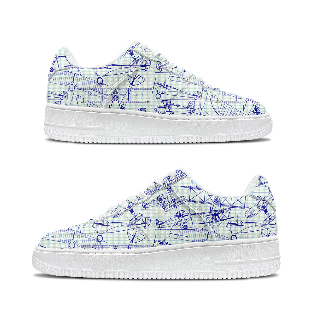 Amazing Drawings of Old Aircrafts Designed Low Top Sport Sneakers & Shoes