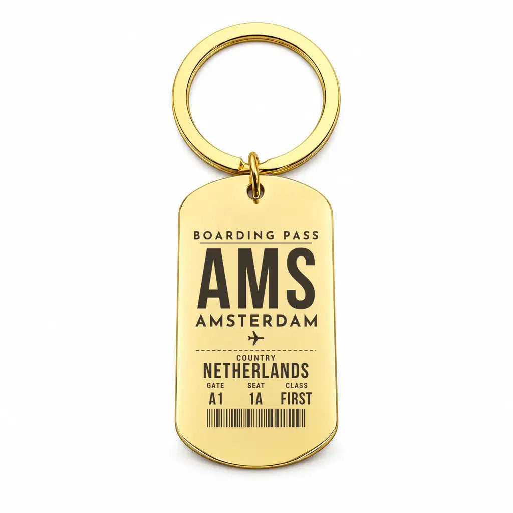 Amsterdam Airport Schiphol AMS - Key Chain - Boarding Pass Style - Gold