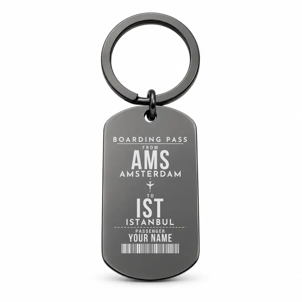 Amsterdam Airport Schiphol AMS - Key Chain - Customizable Boarding Pass - Black