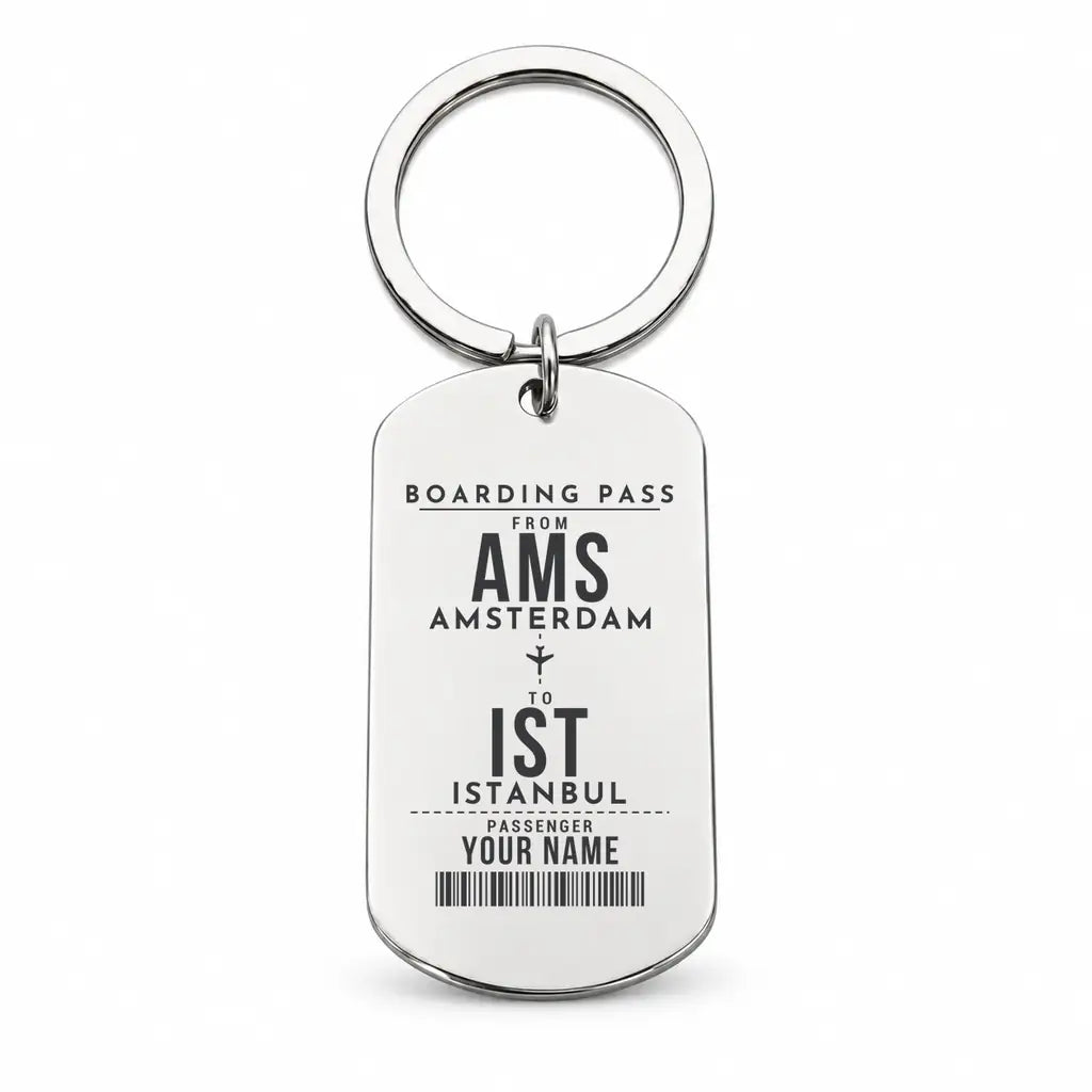 Amsterdam Airport Schiphol AMS - Key Chain - Customizable Boarding Pass - Silver