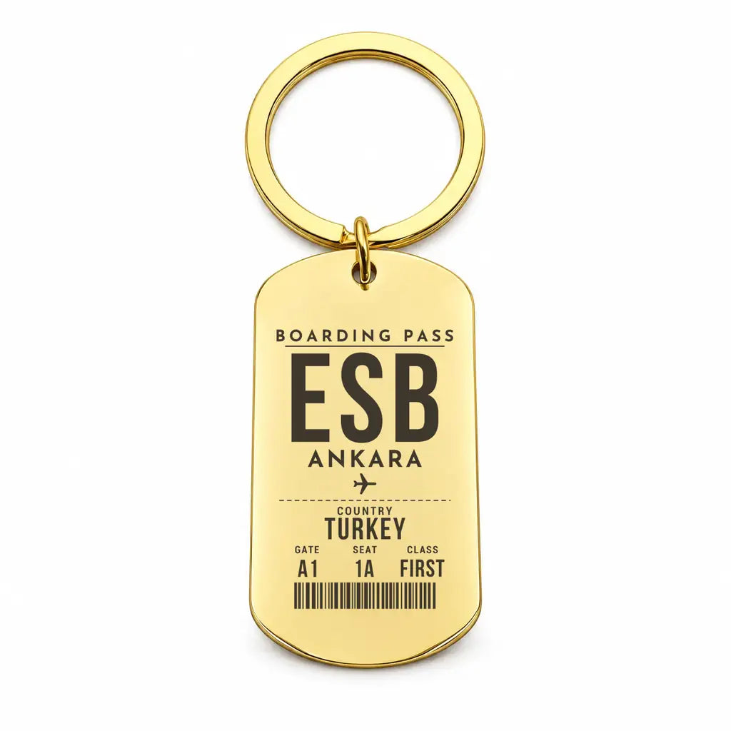 Ankara Esenboga Airport ESB - Key Chain - Boarding Pass Style - Gold