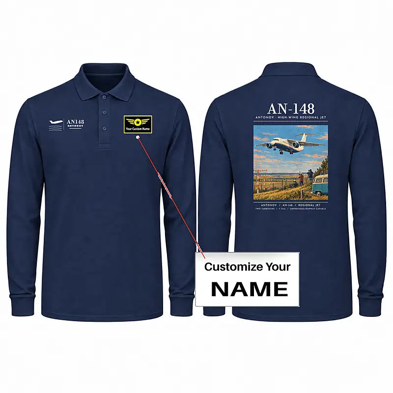 Antonov An-148 Premium Polo T-Shirts - Poster + Name - Long Sleeve - Dark Blue