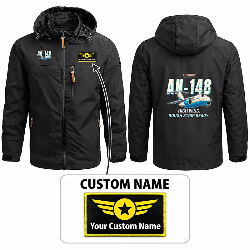 Antonov An-148 Stylish Jackets - Hooded Windbreaker - Cartoon + Name - Black