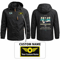 Thumbnail for Antonov An-148 Stylish Jackets - Hooded Windbreaker - Original + Name - Black