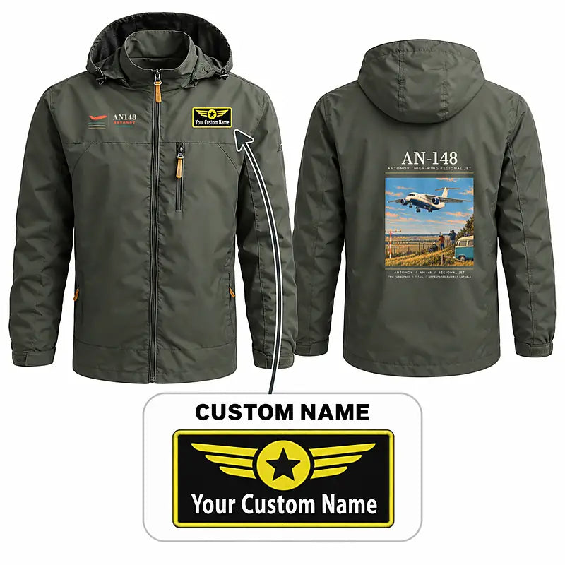 Antonov An-148 Stylish Jackets - Hooded Windbreaker - Poster + Name - Olive Green