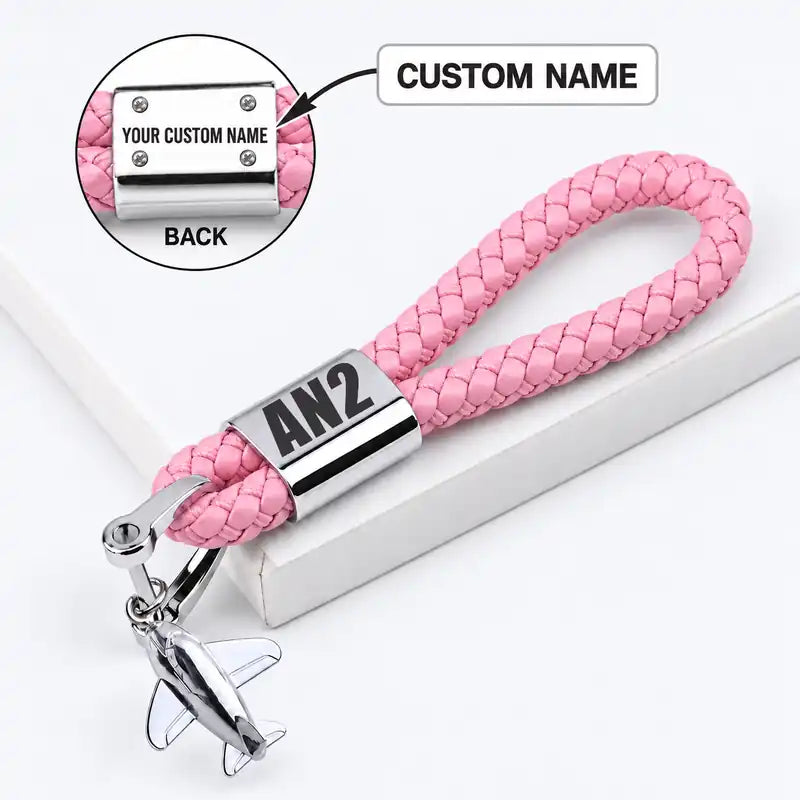 Antonov An-2 - Leather Key Chain - Braided Leather - Tag - Pink + Name