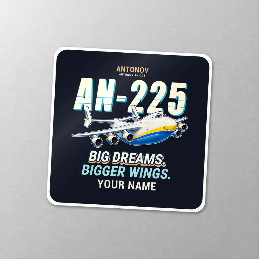 Antonov An-225 Mriya - Cartoon + Name - Square Sticker - Close-up