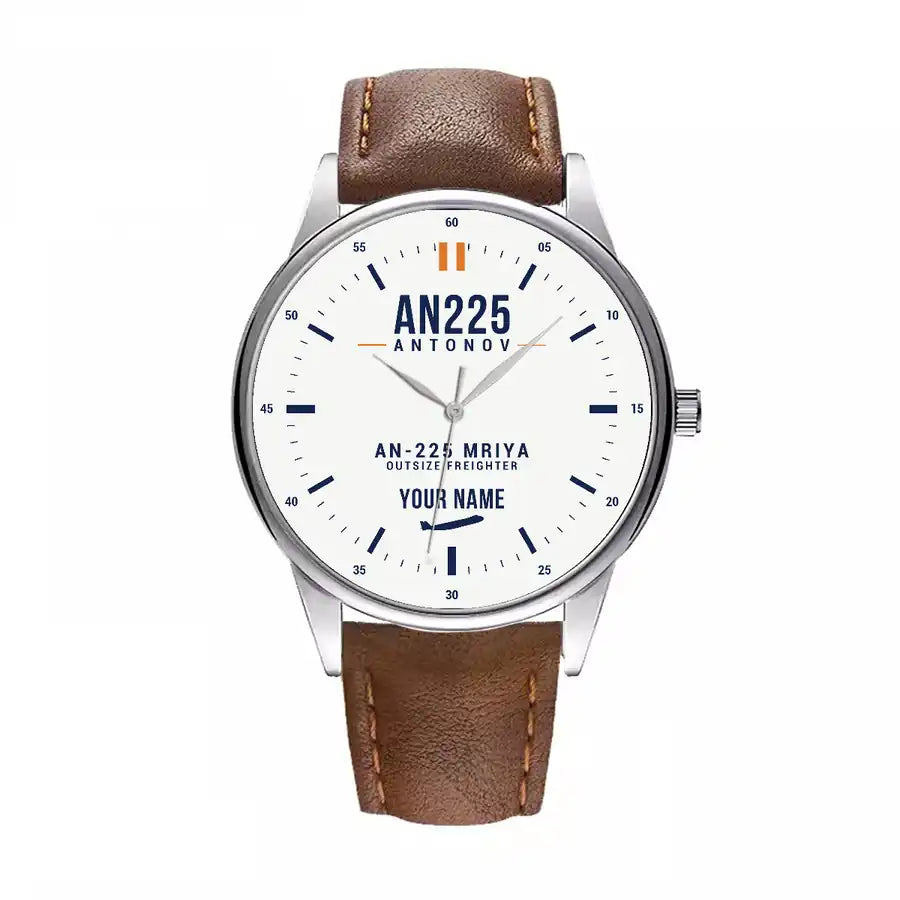 Antonov An-225 Mriya - Classic - White + Name - Leather Strap - Brown Leather Strap