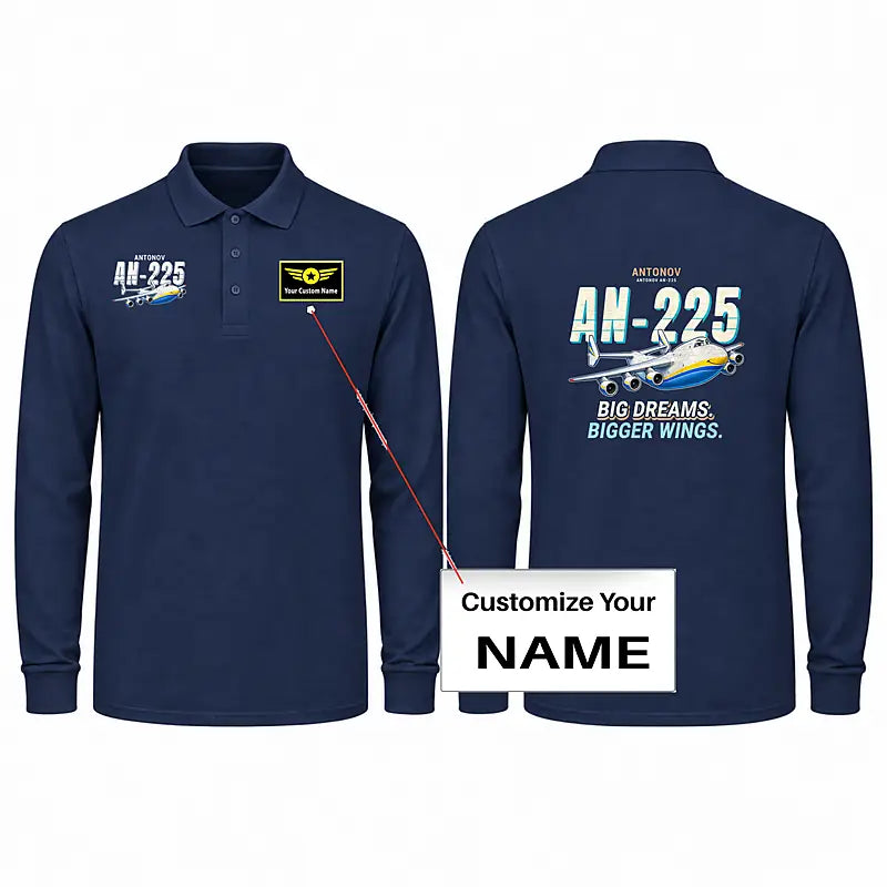 Antonov An-225 Mriya Premium Polo T-Shirts - Cartoon + Name - Long Sleeve - Dark Blue