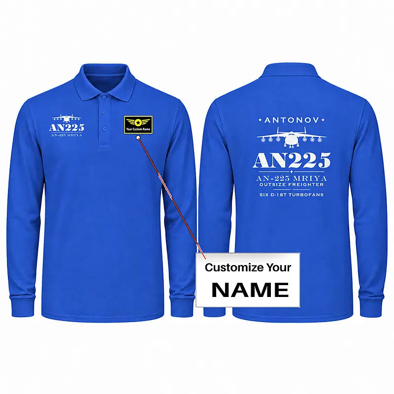 Antonov An-225 Mriya Premium Polo T-Shirts - Heritage + Name - Long Sleeve - Blue