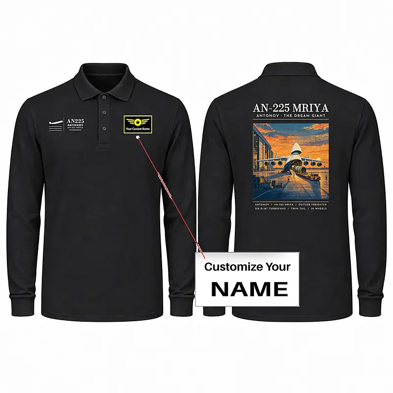 Antonov An-225 Mriya Premium Polo T-Shirts - Poster + Name - Long Sleeve - Black