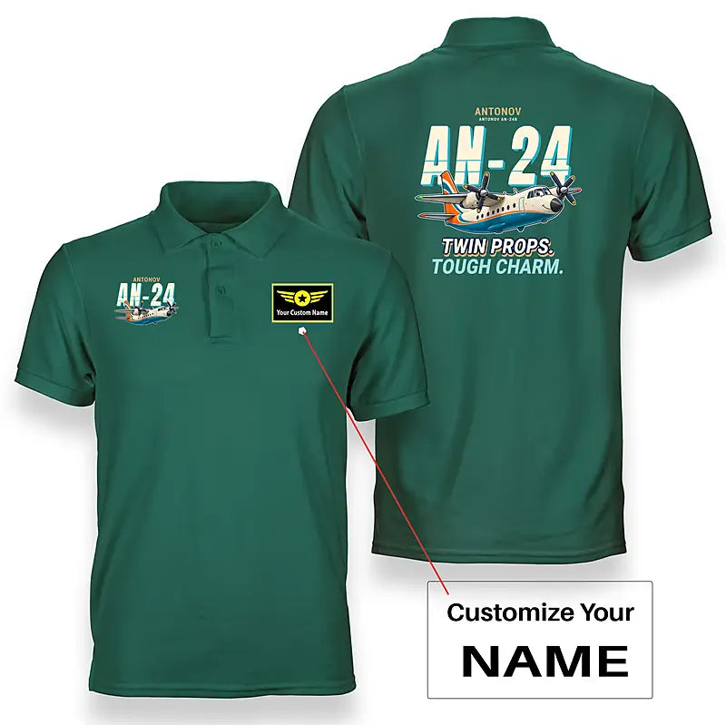 Antonov An-24 - Cartoon - Double-Side Polo - Green + Name