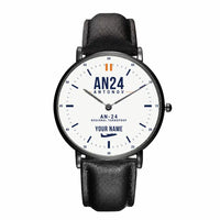 Thumbnail for Antonov An-24 - Classic - White + Name - Slim Leather - Black and Black Leather Strap