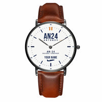 Thumbnail for Antonov An-24 - Classic - White + Name - Slim Leather - Black and Brown Leather Strap