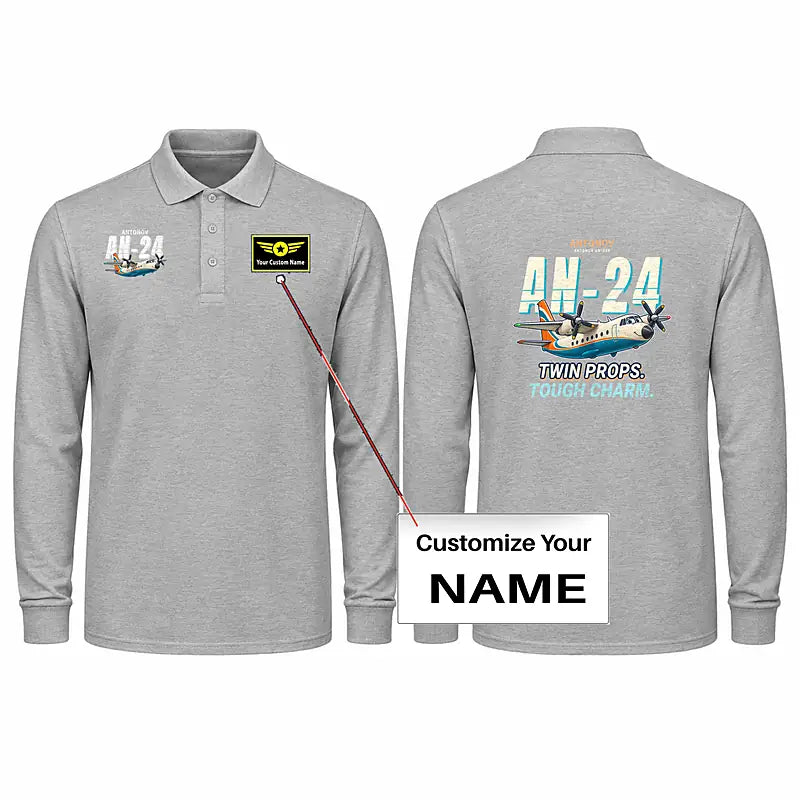 Antonov An-24 Premium Polo T-Shirts - Cartoon + Name - Long Sleeve - Gray