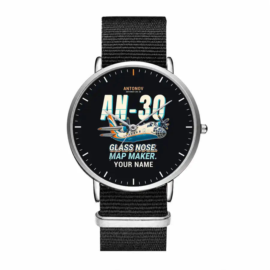 Antonov An-30 - Cartoon + Name - Slim Leather - Silver and Black Nylon Strap