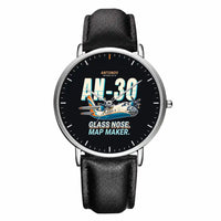 Thumbnail for Antonov An-30 - Cartoon - Slim Leather - Silver and Black Leather Strap