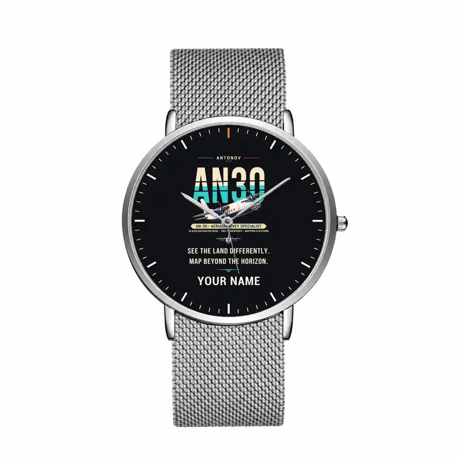 Antonov An-30 - Original + Name - Slim Mesh - Silver and Silver Stainless Steel Strap