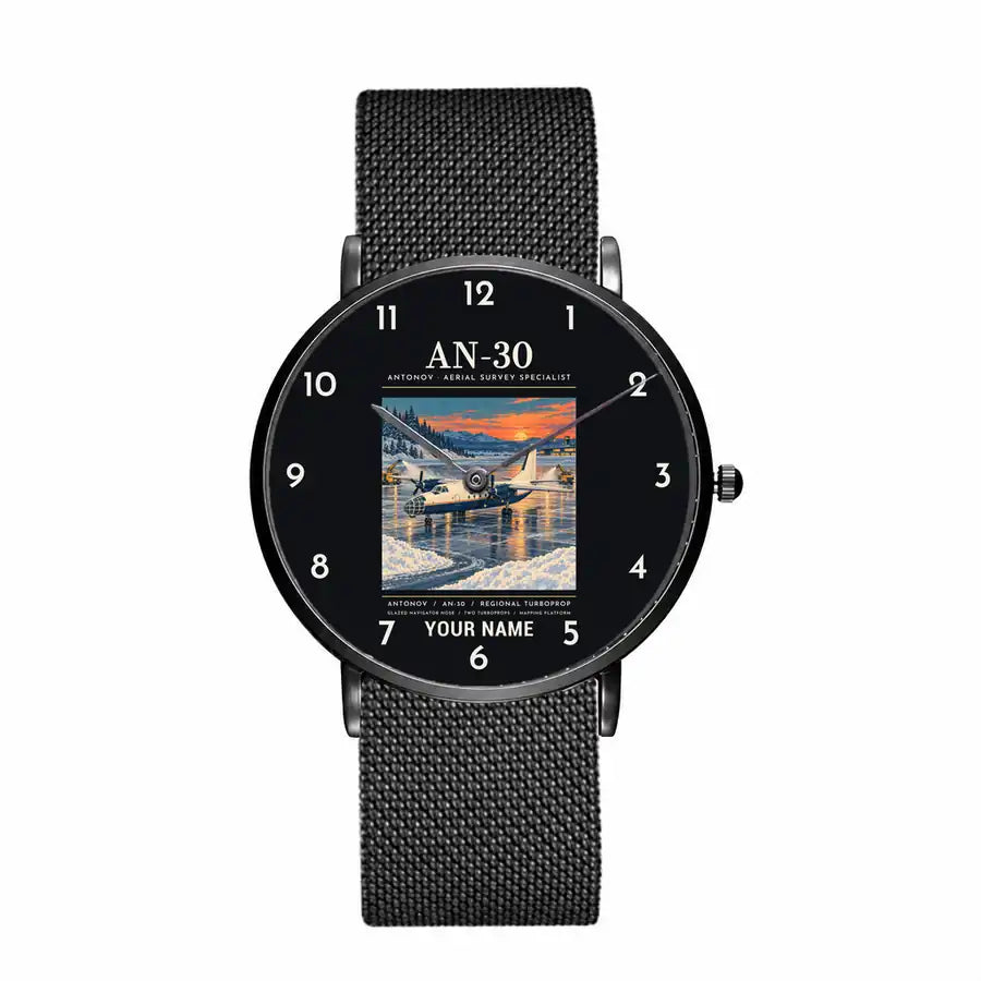 Antonov An-30 - Poster + Name - Slim Mesh - Black and Stainless Steel Strap