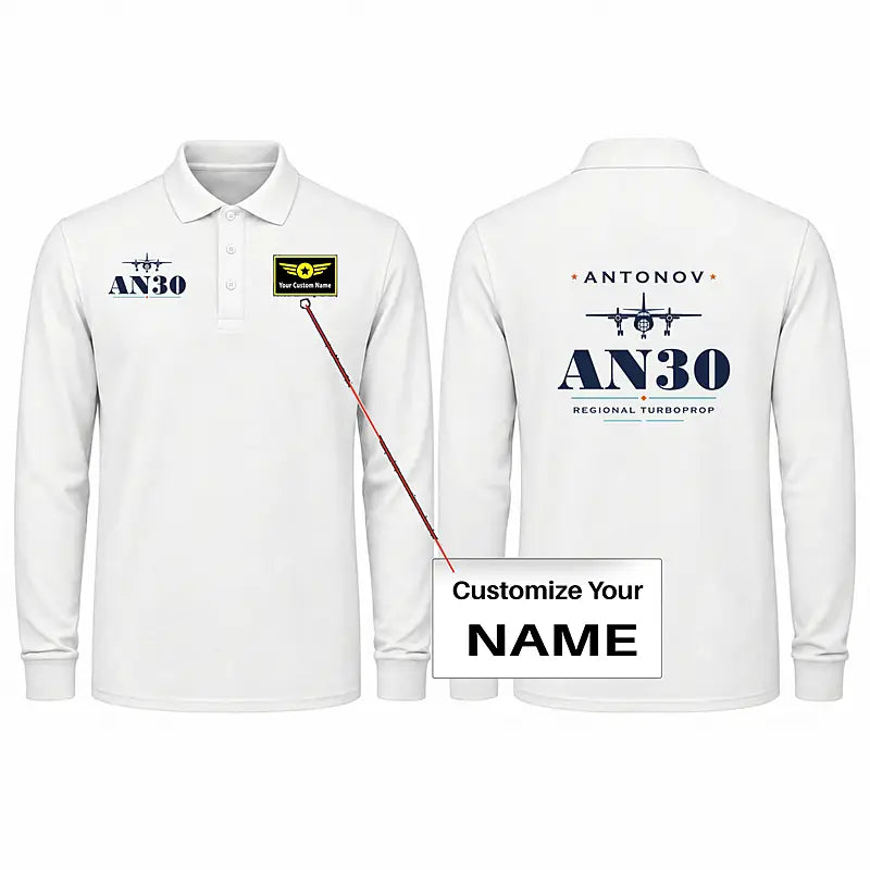 Antonov An-30 Premium Polo T-Shirts - Heritage + Name - Long Sleeve - White