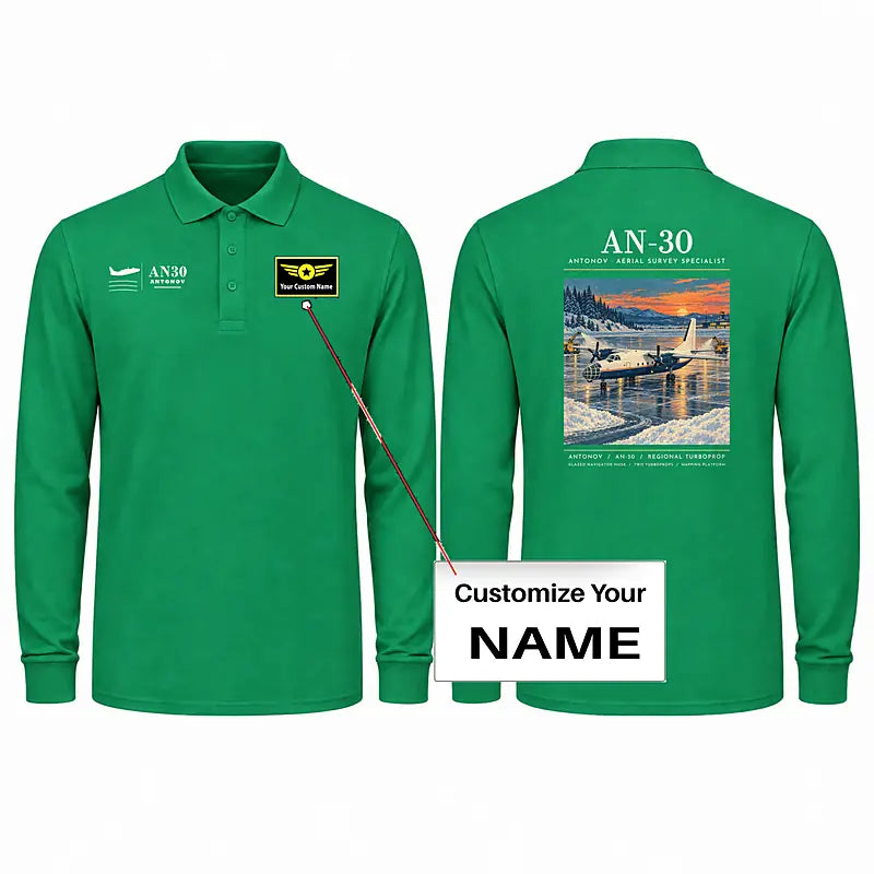 Antonov An-30 Premium Polo T-Shirts - Poster + Name - Long Sleeve - Green