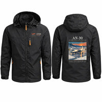 Thumbnail for Antonov An-30 Stylish Jackets - Hooded Windbreaker - Poster - Black