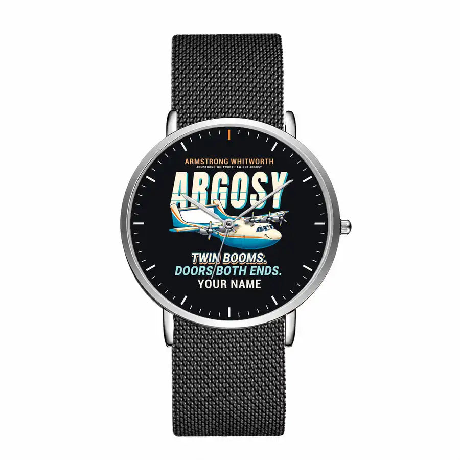Armstrong Whitworth AW.650 Argosy - Cartoon + Name - Slim Mesh - Silver and Black Stainless Steel Strap