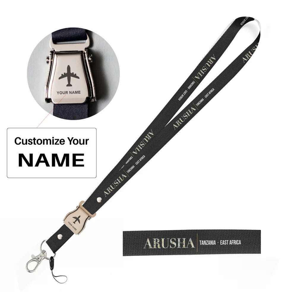 Arusha City Series seat belt lanyard - black with name