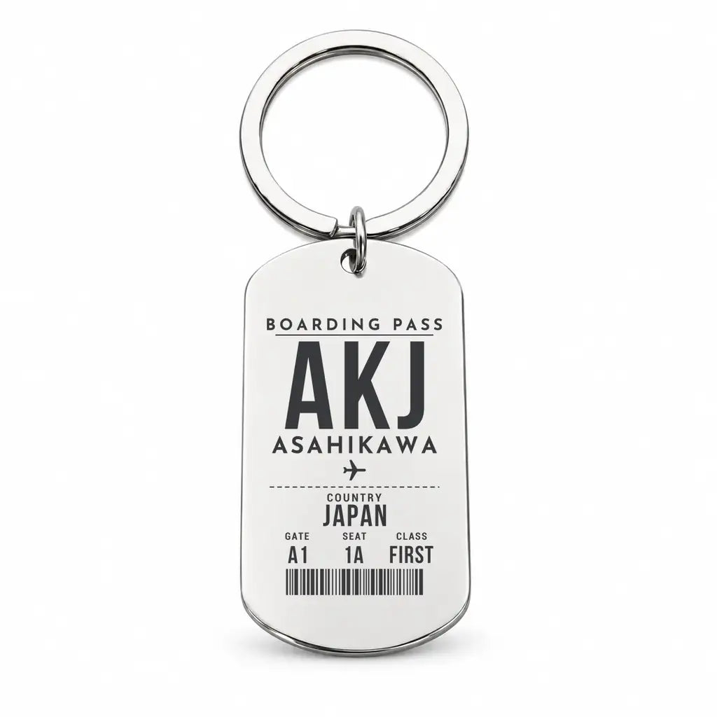 Asahikawa Airport AKJ - Key Chain - Boarding Pass Style - Silver
