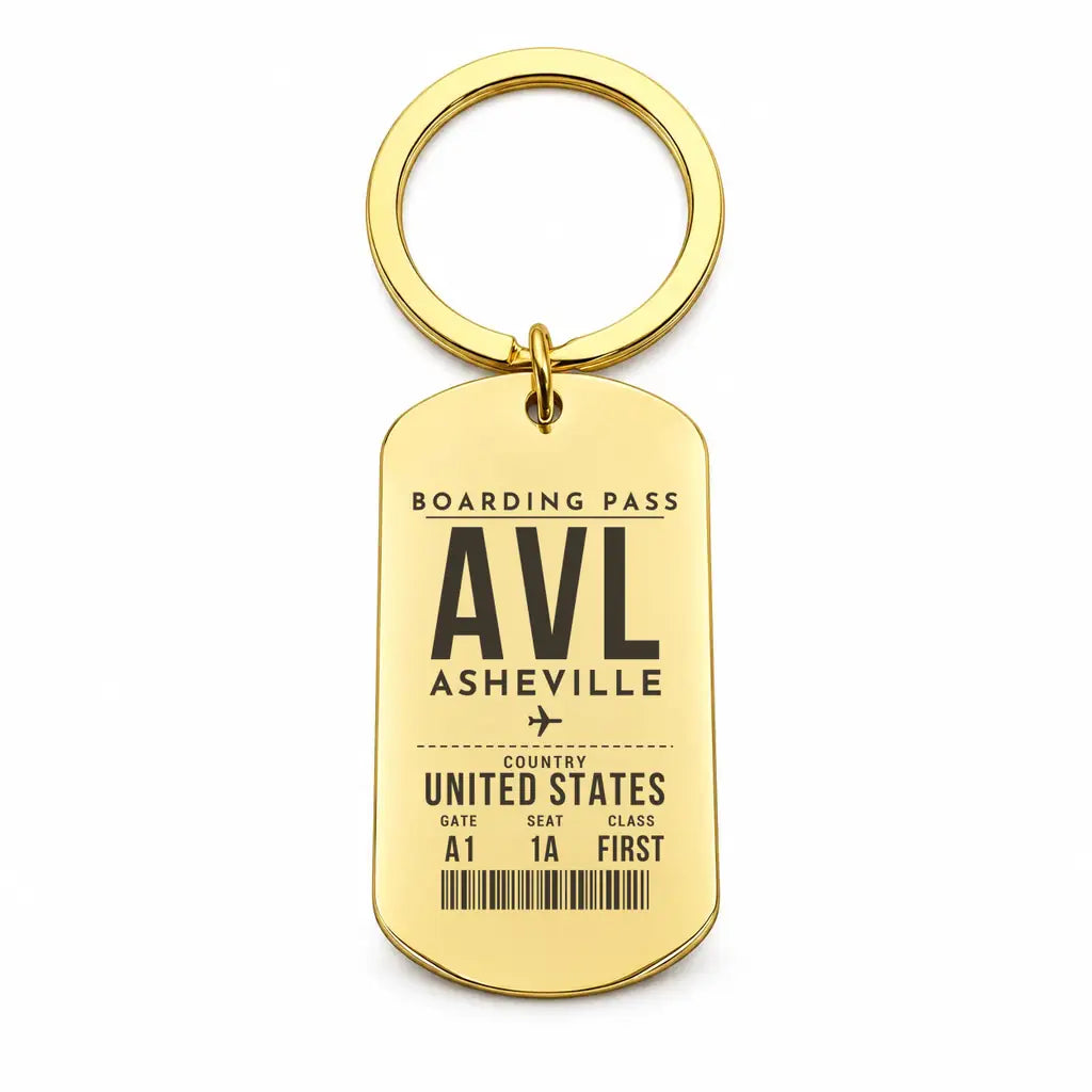 Asheville Regional Airport AVL - Key Chain - Boarding Pass Style - Gold