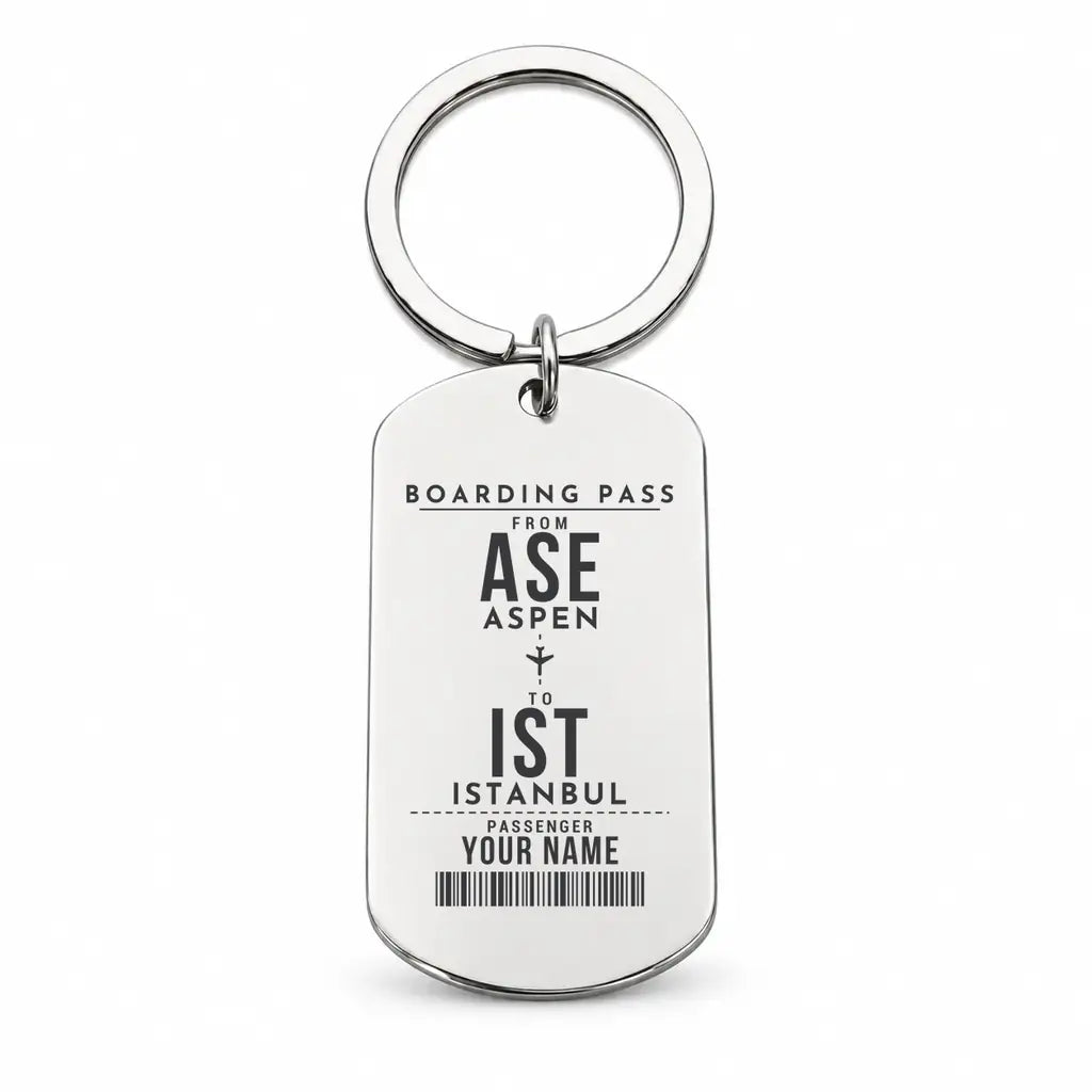 Aspen - Pitkin County Airport ASE - Key Chain - Customizable Boarding Pass - Silver