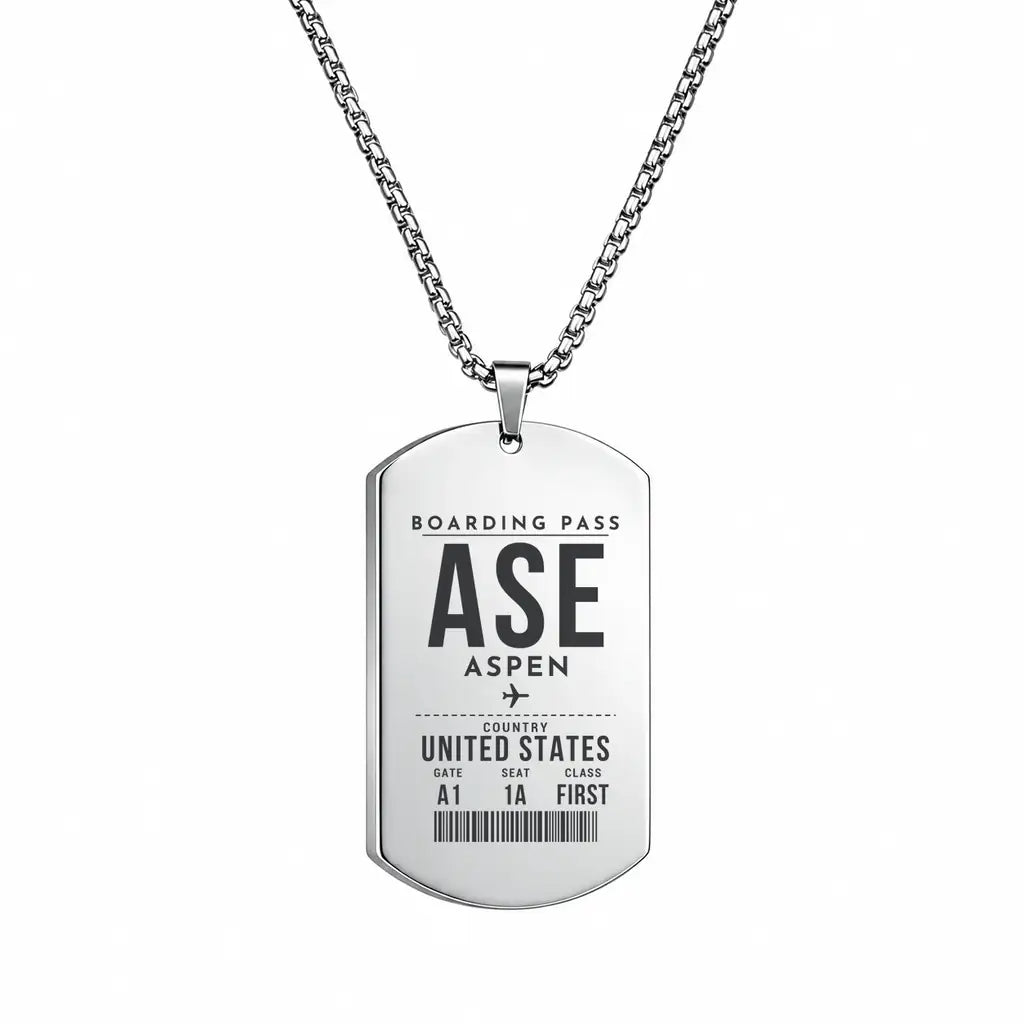 Aspen - Pitkin County Airport ASE - Necklace - Boarding Pass Style - Silver