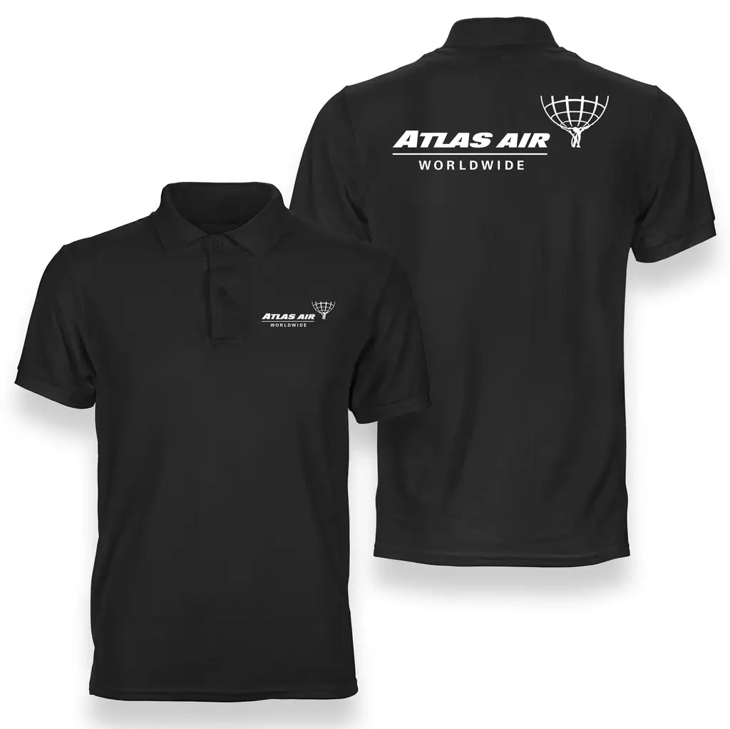 Atlas Air logo on black double side polo t shirt