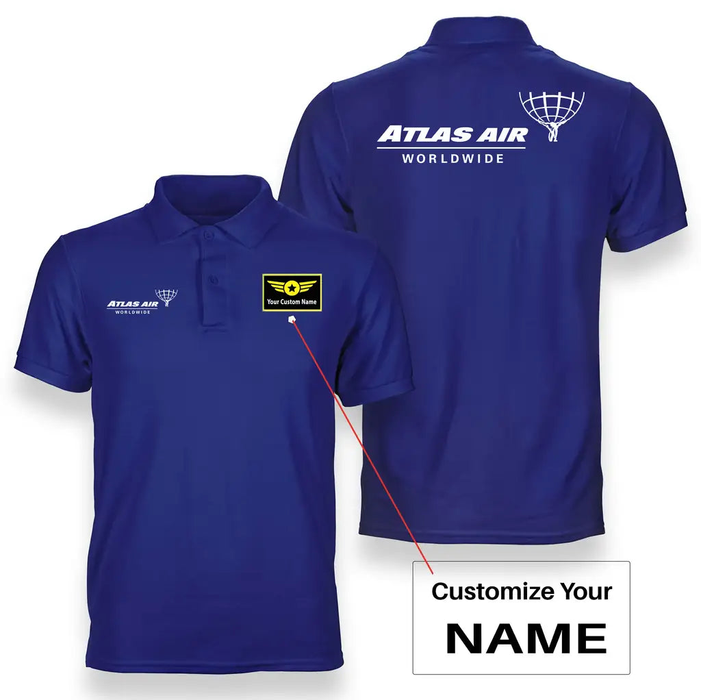 Atlas Air logo on blue + name double side polo t shirt