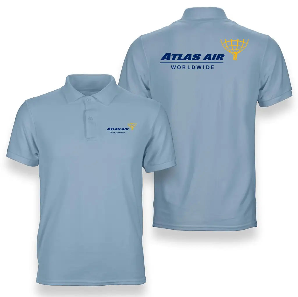 Atlas Air logo on light blue double side polo t shirt