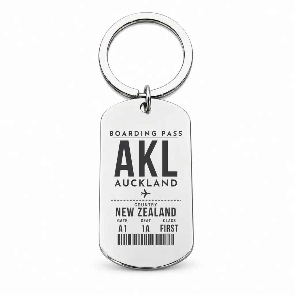 Auckland Airport AKL - Key Chain - Boarding Pass Style - Silver