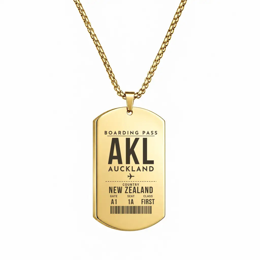 Auckland Airport AKL - Necklace - Boarding Pass Style - Gold