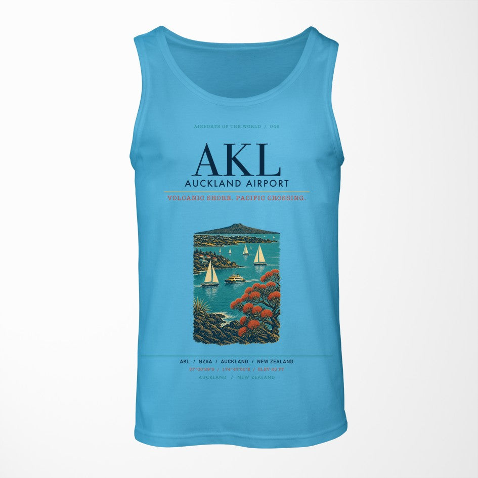 Auckland Airport (AKL) design on sky blue tank top
