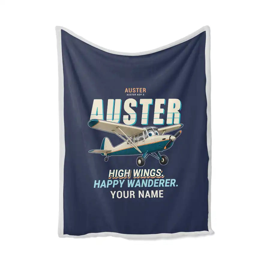 Auster AOP.6 - Cartoon + Name - Blanket - Navy Blue
