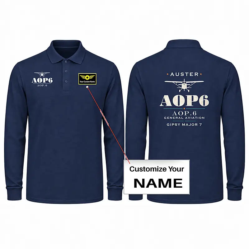 Auster AOP.6 Premium Polo T-Shirts - Heritage + Name - Long Sleeve - Dark Blue