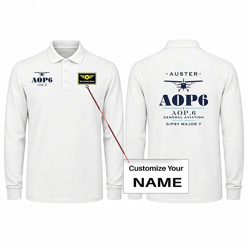 Auster AOP.6 Premium Polo T-Shirts - Heritage + Name - Long Sleeve - White