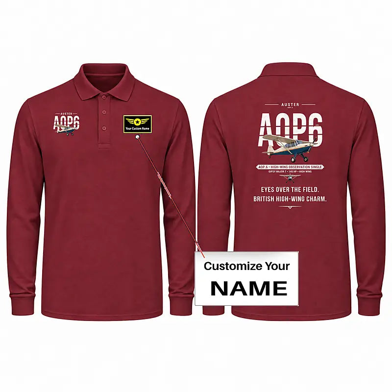 Auster AOP.6 Premium Polo T-Shirts - Original + Name - Long Sleeve - Dark Red