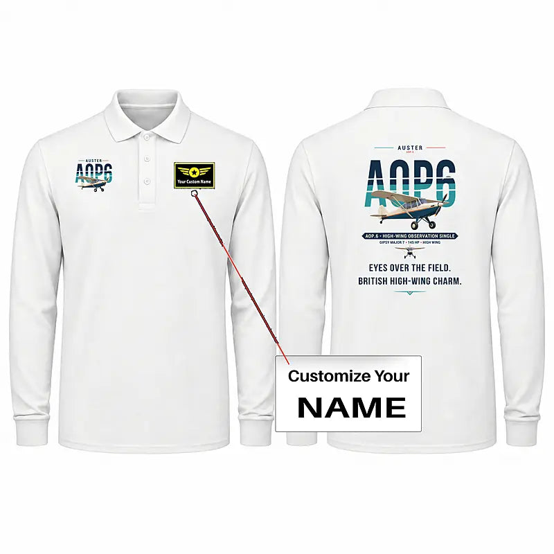 Auster AOP.6 Premium Polo T-Shirts - Original + Name - Long Sleeve - White