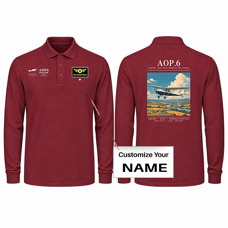 Auster AOP.6 Premium Polo T-Shirts - Poster + Name - Long Sleeve - Dark Red