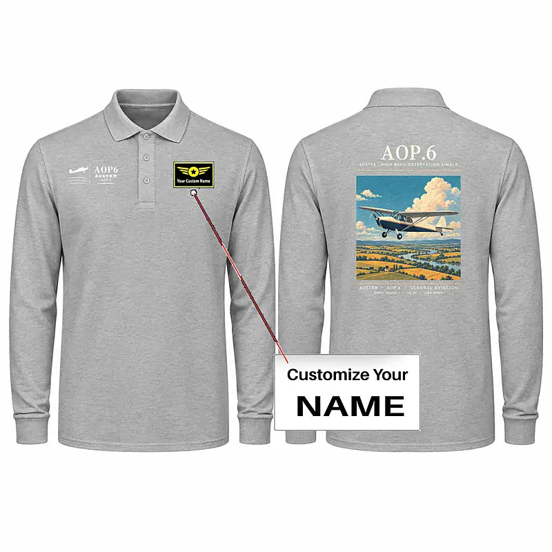 Auster AOP.6 Premium Polo T-Shirts - Poster + Name - Long Sleeve - Gray