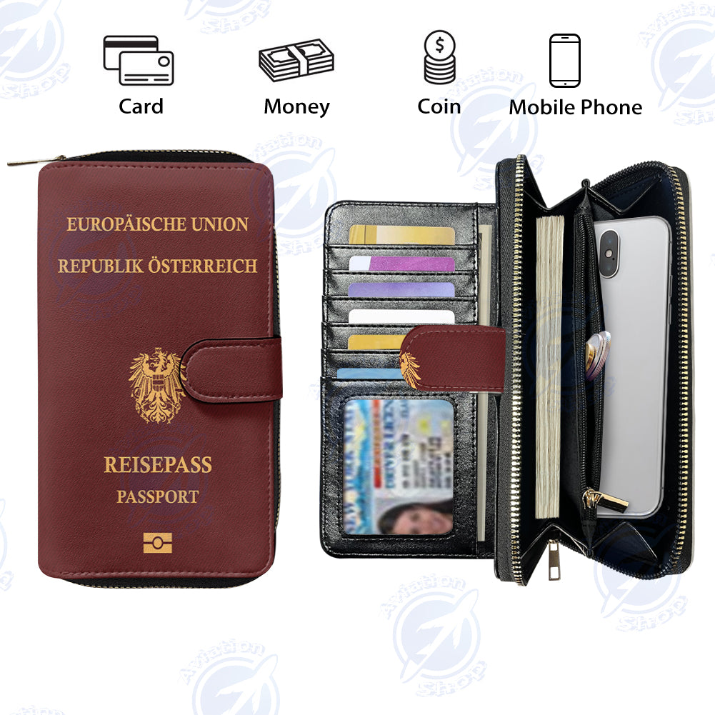 Austrian Passport Designed Leather Long Zipper Wallets