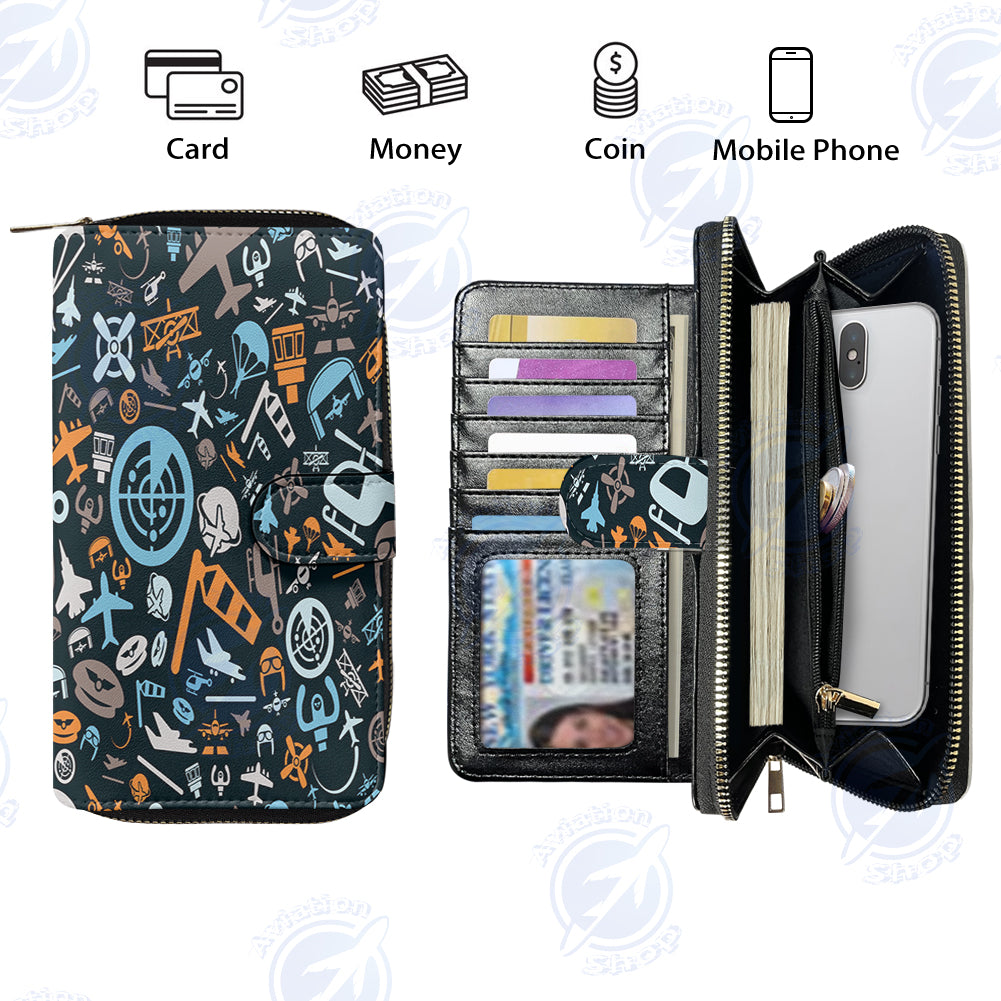 Aviation Icons Designed Leather Long Zipper Wallets