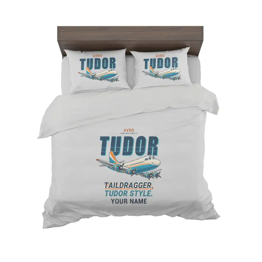 Avro 689 Tudor II - Cartoon + Name - Bedding Set - Light Gray