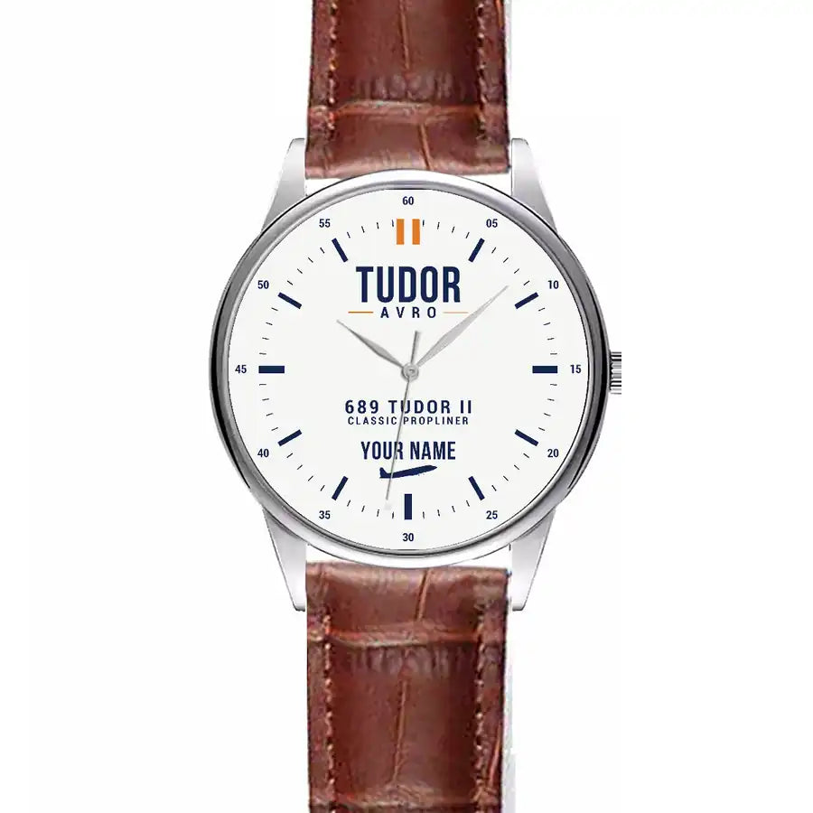 Avro 689 Tudor II - Classic - White + Name - Leather Strap - Striped Brown Leather Strap