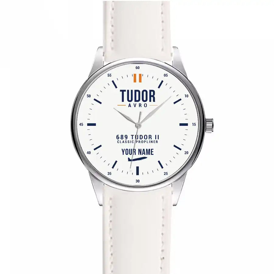 Avro 689 Tudor II - Classic - White + Name - Leather Strap - White Leather Strap